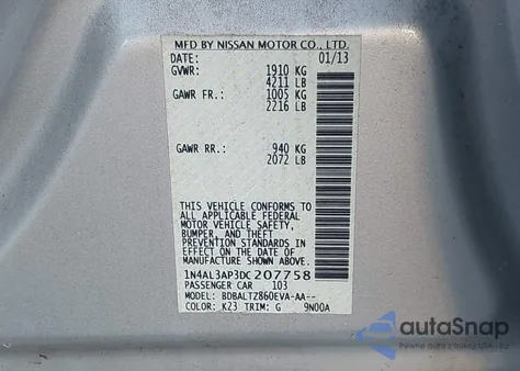 2013 Nissan Altima 2.5 Sv z USA, uszkodzony, nr VIN 1N4AL3AP3DC207758
